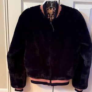 MOTHER Blue Teddy Faux Fur Varsity Jacket with Pink Accents & Leopard lining